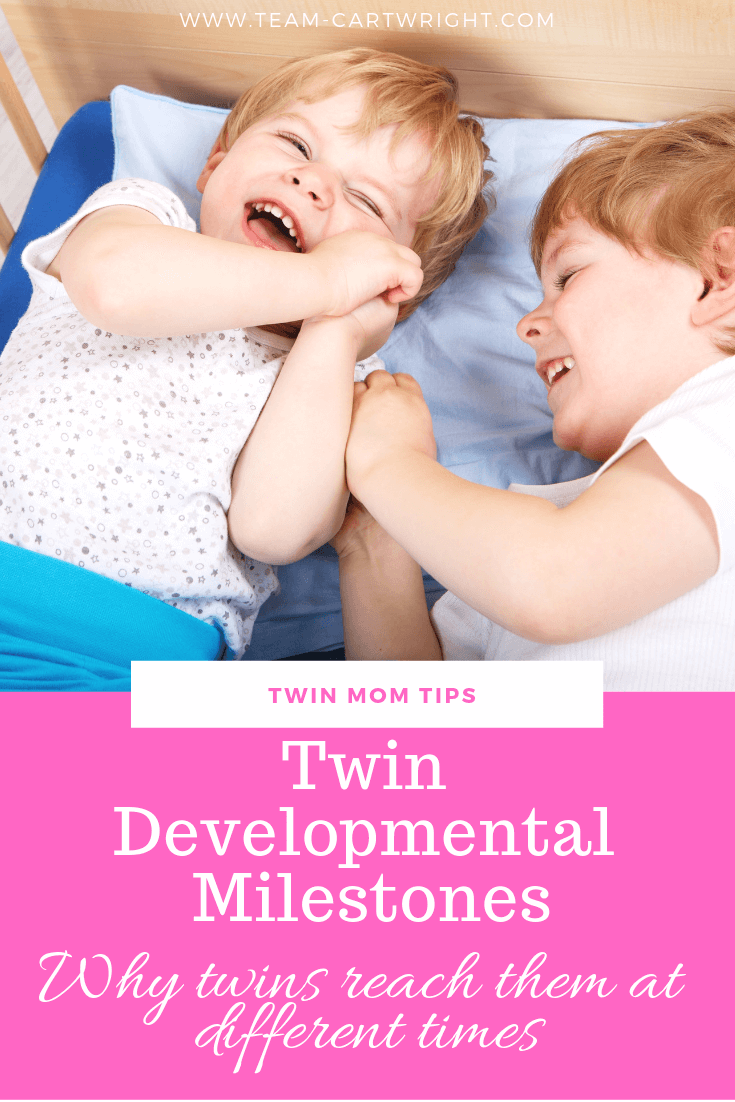 Toddler Twin Milestones: Should they happen at the same time? Learn what to do when one twin lags behind the other. #TwinMilestones #TwinTips #TwinDevelopment #BabyTwins #ToddlerTwins Team-Cartwright.com