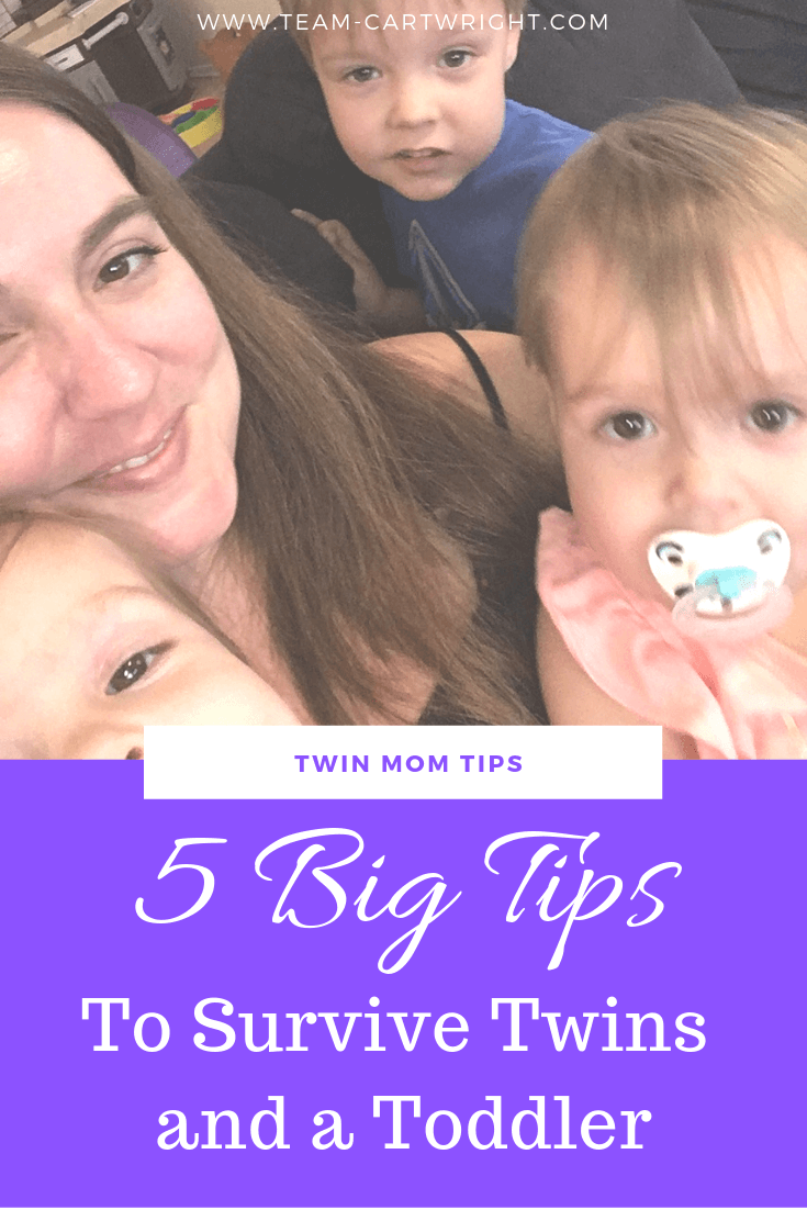 picture of mom with twins and a toddler with text overlay twin mom tips 5 big tips to survive life with twins and a toddler