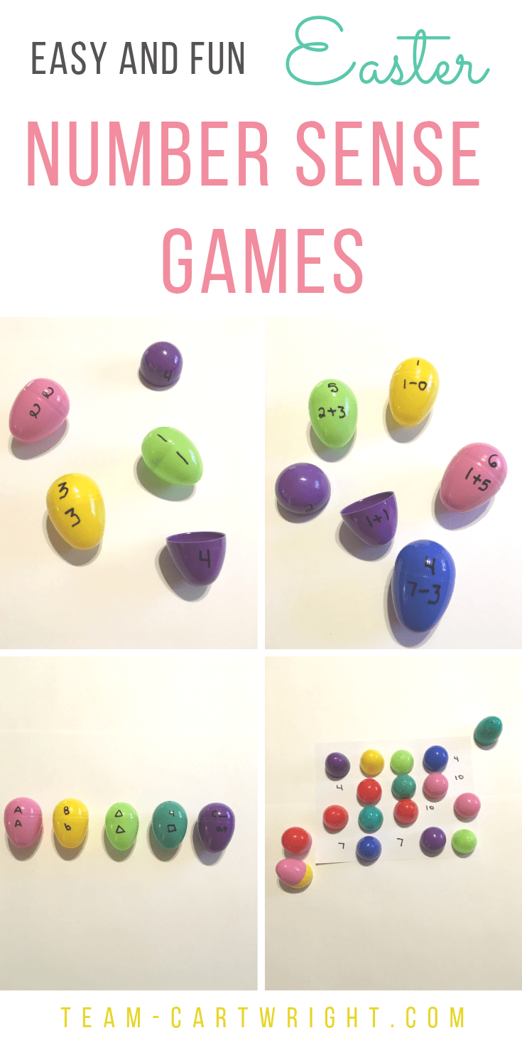 4 Pictures of Easter egg math learning activities with number matching and text overlay: Easy and Fun Easter Number Sense Games