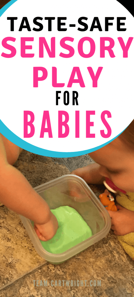 taste-safe sensory play for babies with picture of babies playing with a safe slime