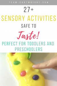 picture of jelly bean slime and text: 27+ Sensory Activities safe to taste! Perfect for toddlers and preschoolers