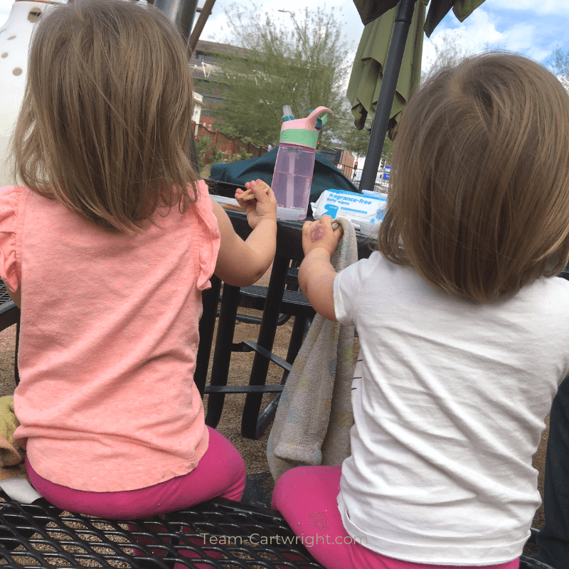 toddler twins facing away from camera