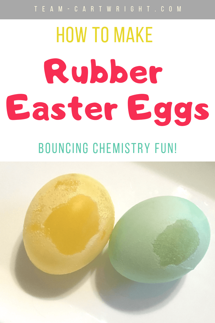 Image for the rubber egg experiment.  picture of yellow and green Easter egg with text overlay how to make rubber Easter eggs bouncing chemistry fun. 