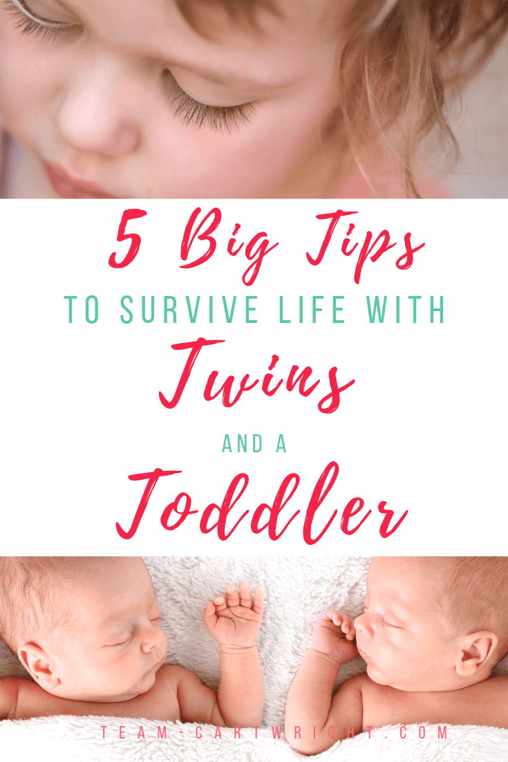 picture of toddler and twins with text overlay 5 big tips to survive life with twins and a toddler
