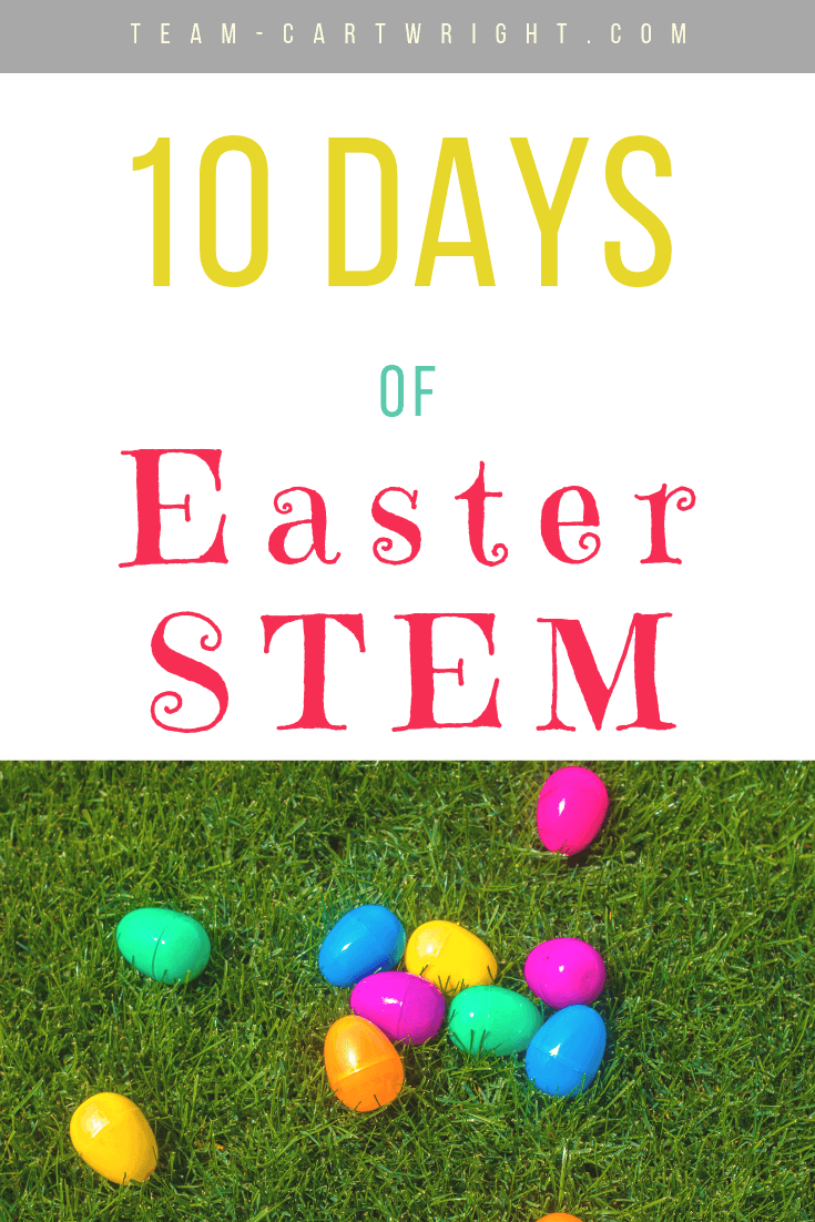 picture of plastic easter eggs on grass with text overlay stating 10 days of Easter STEM