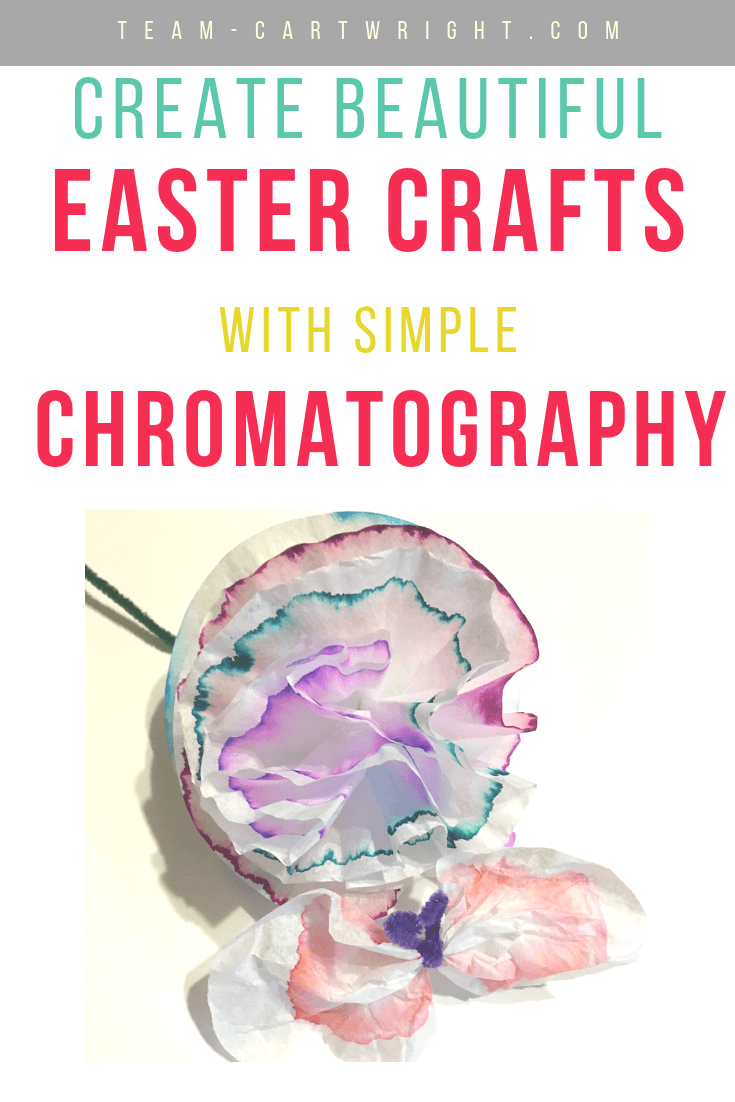 picture of ink chromatography for kids flower and butterfly with text overlay: Create Beautiful Easter Crafts with simple Chromatography