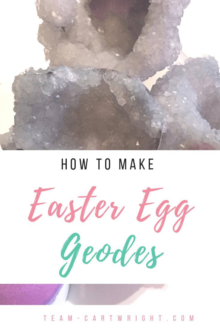 Image of purple crystals with text overlay How To Make Easter Egg Geodes