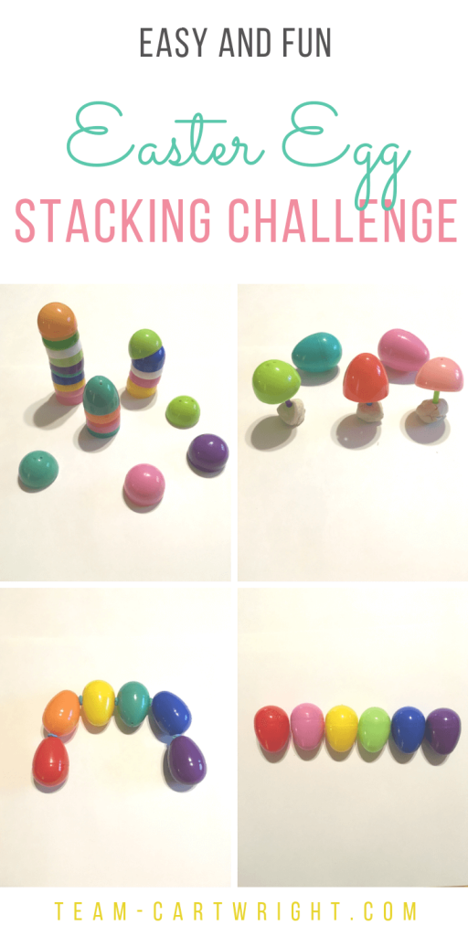 4 pictures of Easter egg stacking games with text overlay: Easy and Fun Easter Egg Stacking Challenge