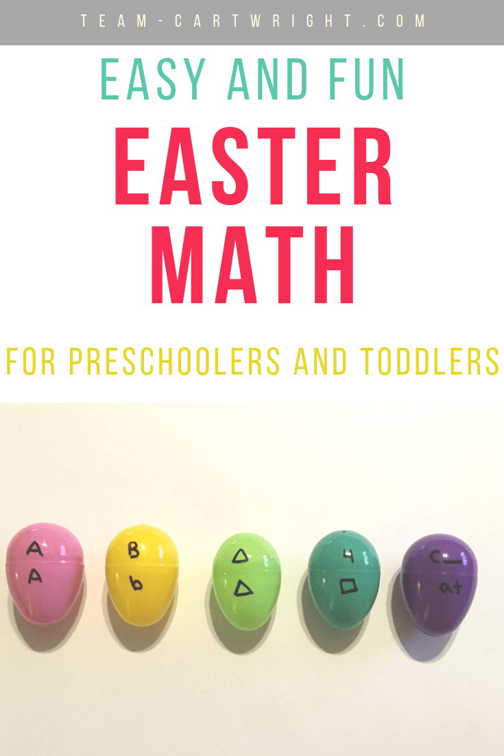 picture of Easter eggs with numbers and letters written on them and text overlay: Easy and Fun Easter Math for preschoolers and toddlers