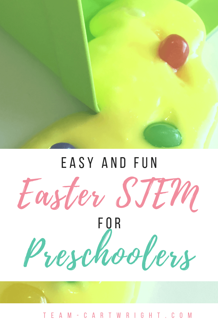 picture of yellow jelly bean slime with green easter basket and text overlay stating easy and fun Easter STEM for preschoolers