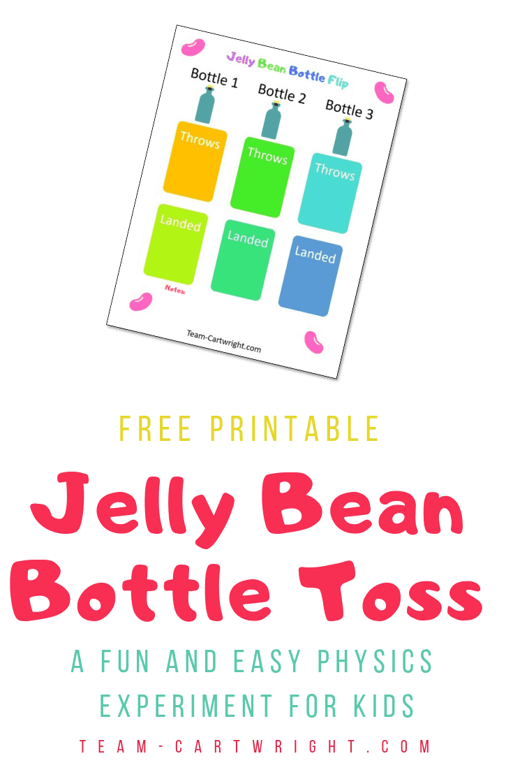 Picture of a colorful kid's science worksheet with the text: Free Printable Jelly Bean Bottle Toss A fun and easy physics experiment for kids