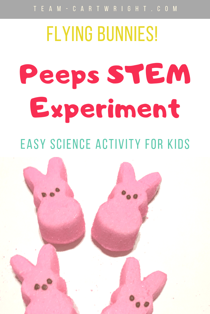 picture of pink peeps bunnies with text overlay: Flying Bunnies! Peeps STEM experiment easy science activity for kids