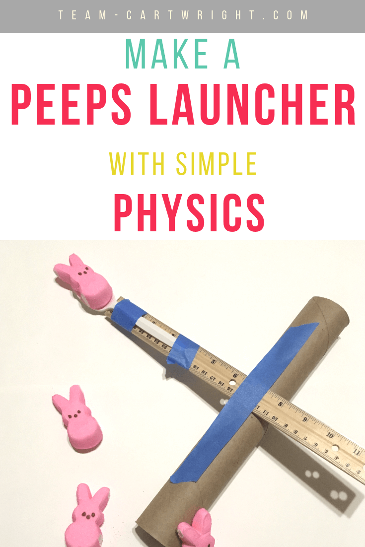 picture of a lever system with text overlay: make a peeps launcher with simple physics