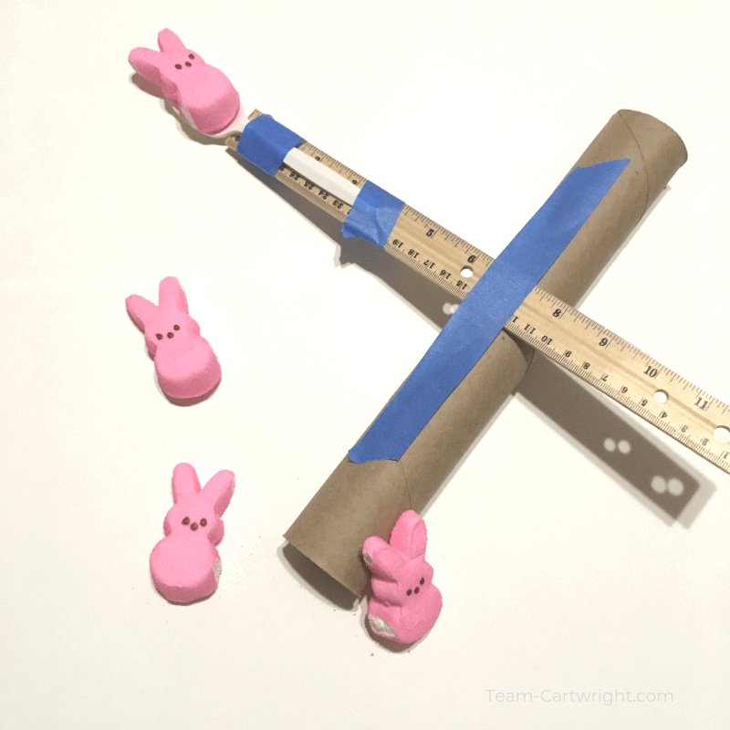 picture of a homemade lever system made from a paper towel tube, ruler, plastic spoon, and tape plus peeps pink bunnies.