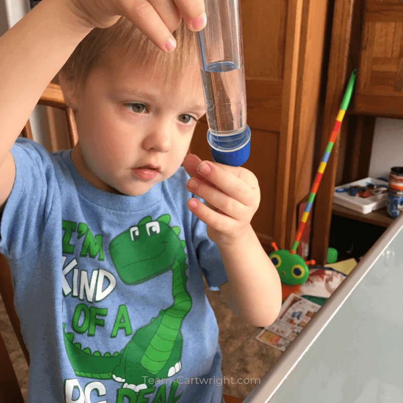 picture of a preschooler looking at a test tube doing STEM