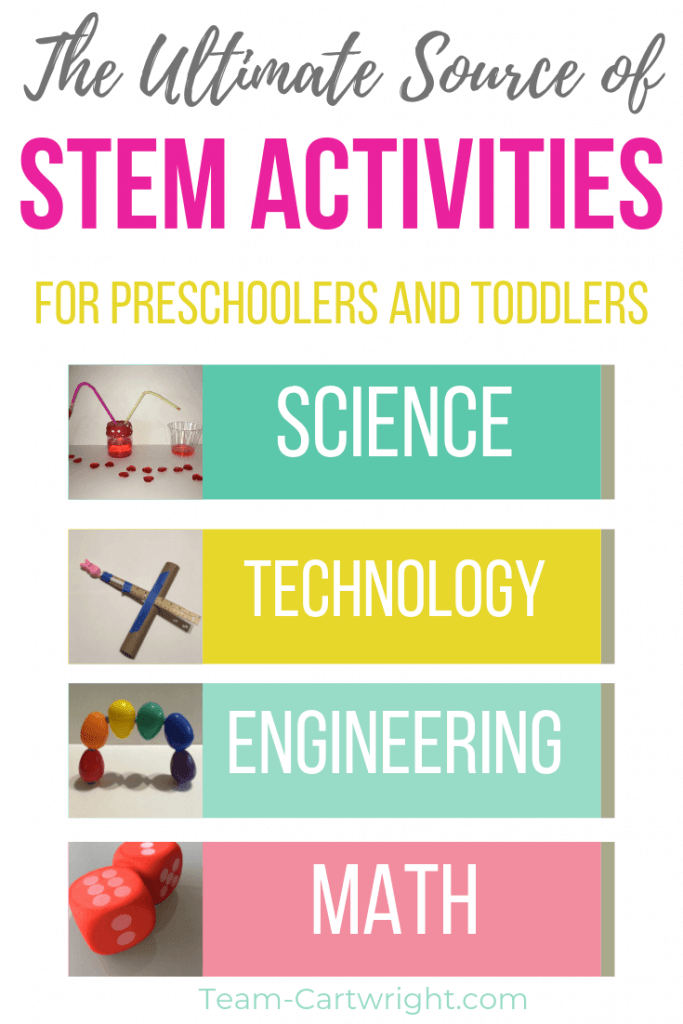 text: The ultimate source of STEM activities for preschoolers and toddlers with list of pictures of Science Technology Engineering and Math