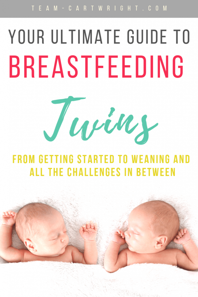 picture of baby twins with text overlay: The Ultimate Gudie to Breastfeeding Twins From getting started to weaning and all the challenges in between