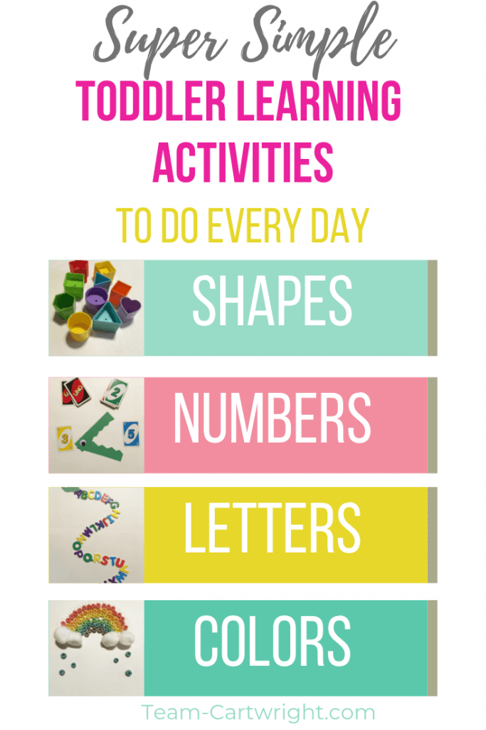 4 pictures, shapes, numbers, letters, and colors. Text overlay Super Simple Toddler Learning Activities To Do Every Day