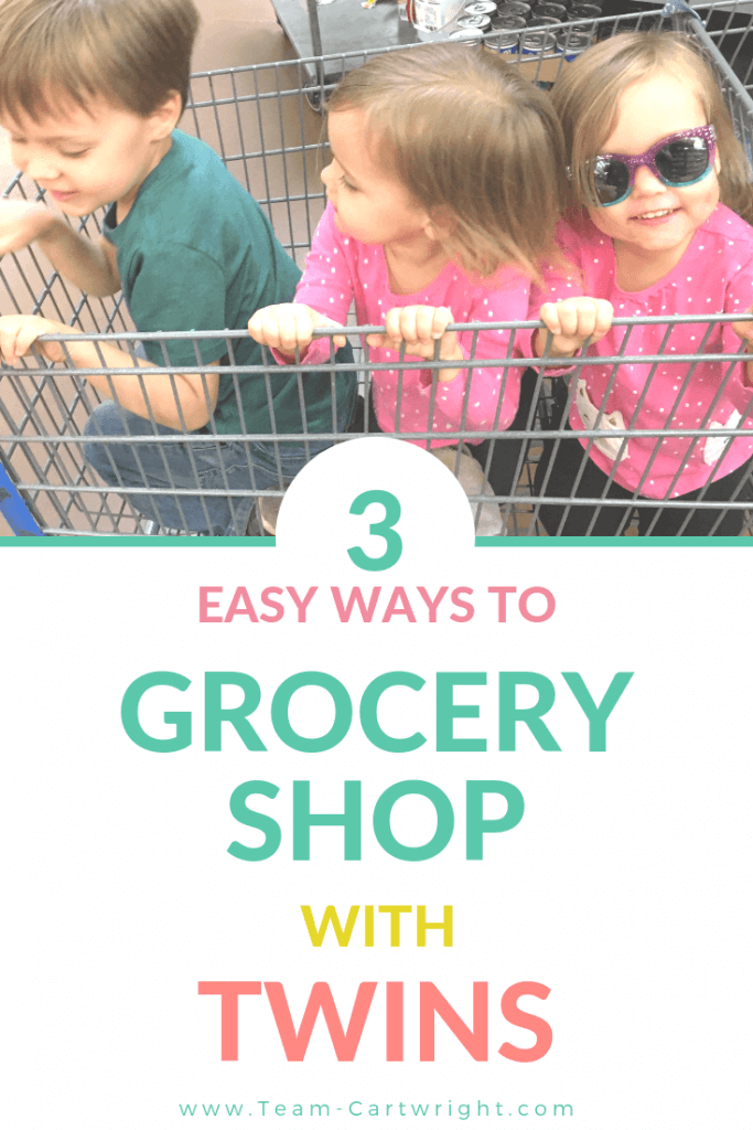 picture of 3 young children in a shopping cart with text overlay 3 Easy Ways to Grocery Shop with Twins