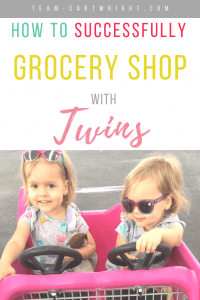 picture of twins in a shopping cart with text overlay how to successfully grocery shop with twins