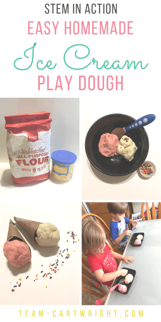4 pictures with ice cream playdough being made and played with along with text overlay: STEM in action Easy Homemade Ice Cream Play Dough