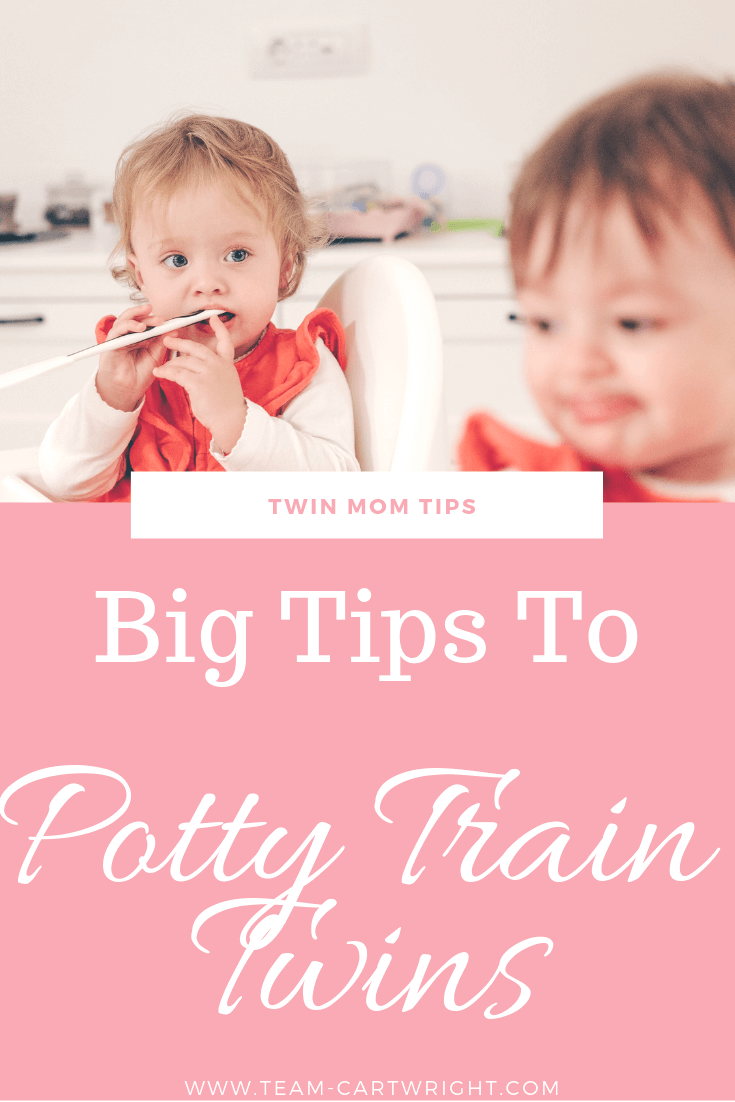 picture of twin toddlers with text: Twin Mom Tips: Big tops to potty train twins.