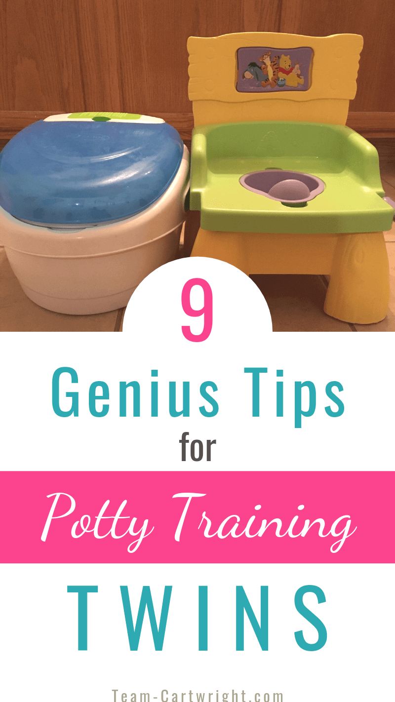 9 Genius Tips for Potty Training Twins with picture of two training potties