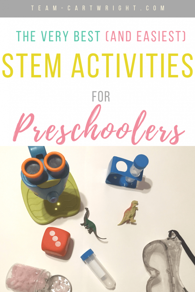 picture of STEM supplies for preschoolers, microscope, safety glasses, dice, test tube and text overlay The Very Best (And Easiest) STEM Activities for Preschoolers