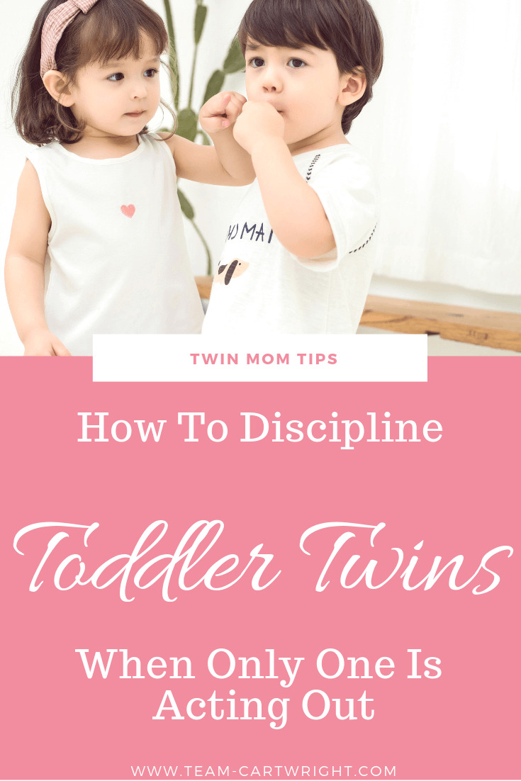 picture of toddler twins with text overlay: Twin Mom Tips: How To Discipline Toddler Twins When Only One Is Acting Out