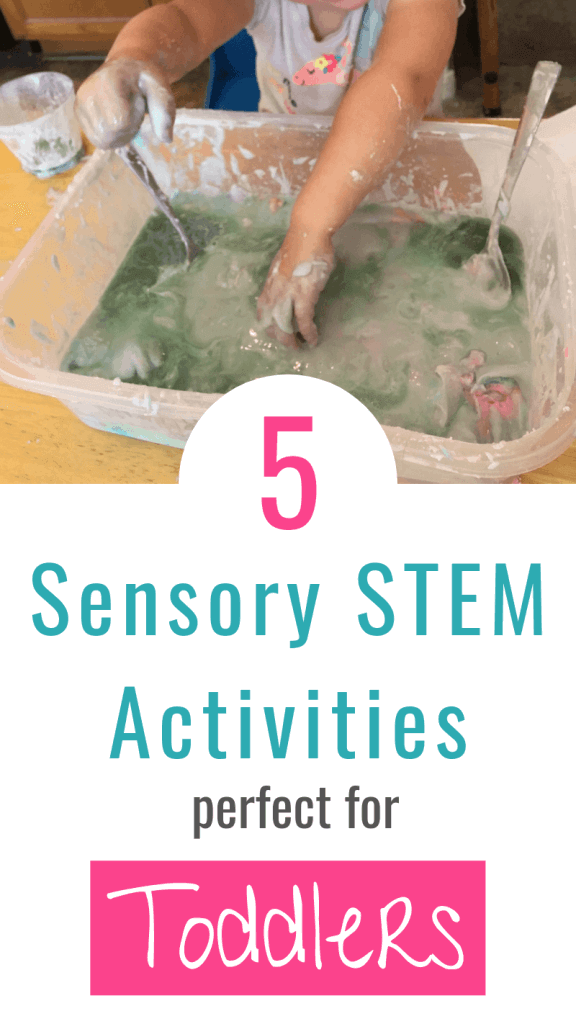 picture of a toddler doing a sensory activity with text: 5 Sensory STEM Activities perfect for Toddlers