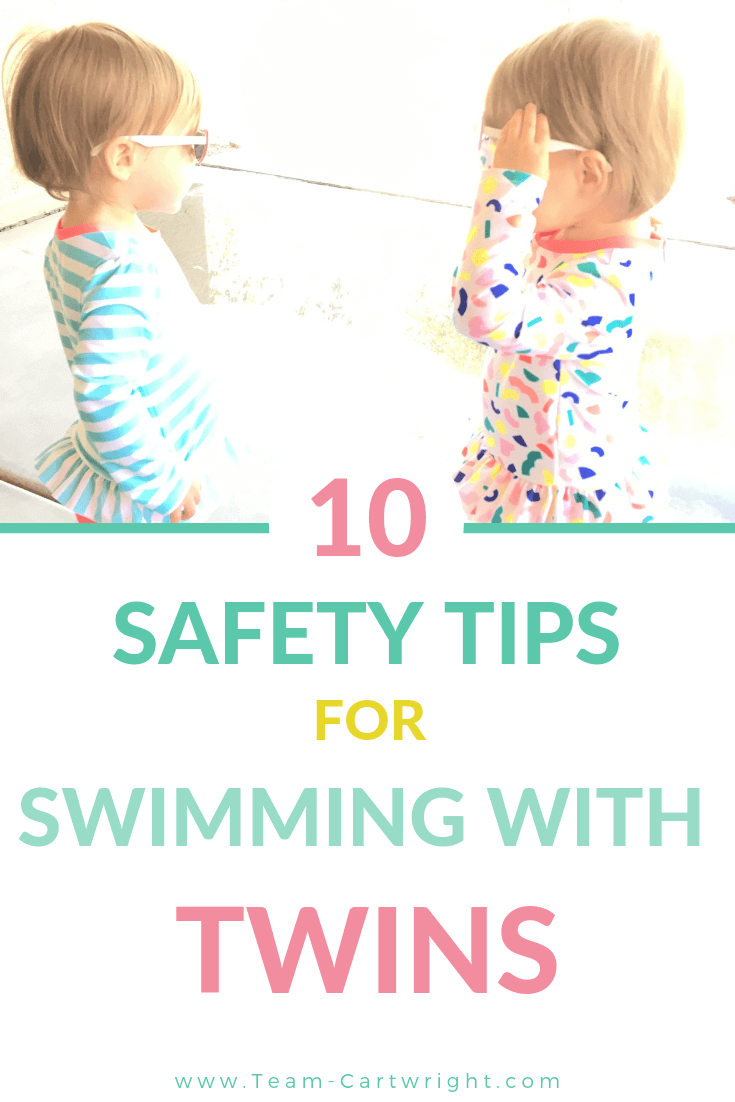 picture of toddler twins in swim suits with text 10 Safety Tips for Swimming with Twins