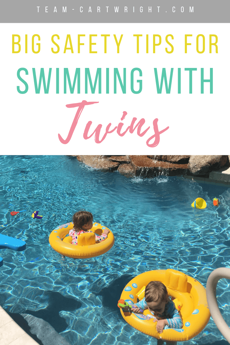 picture of baby twins swimming with text overlay Big Tips For Swimming With Twins