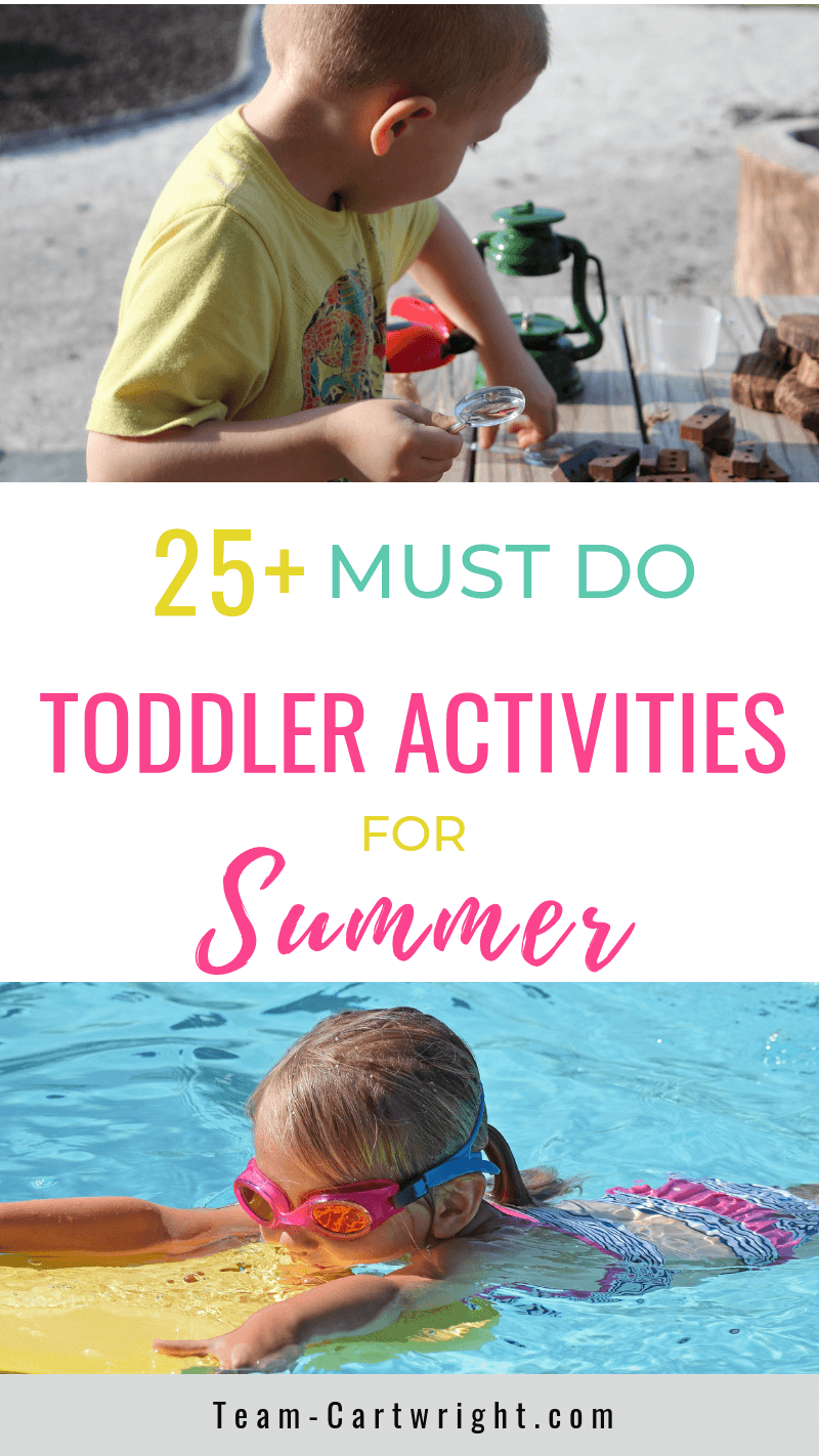 picture of a toddler playing outside and picture of a toddler swimming with text: 25+ Must Do Toddler Activities for Summer