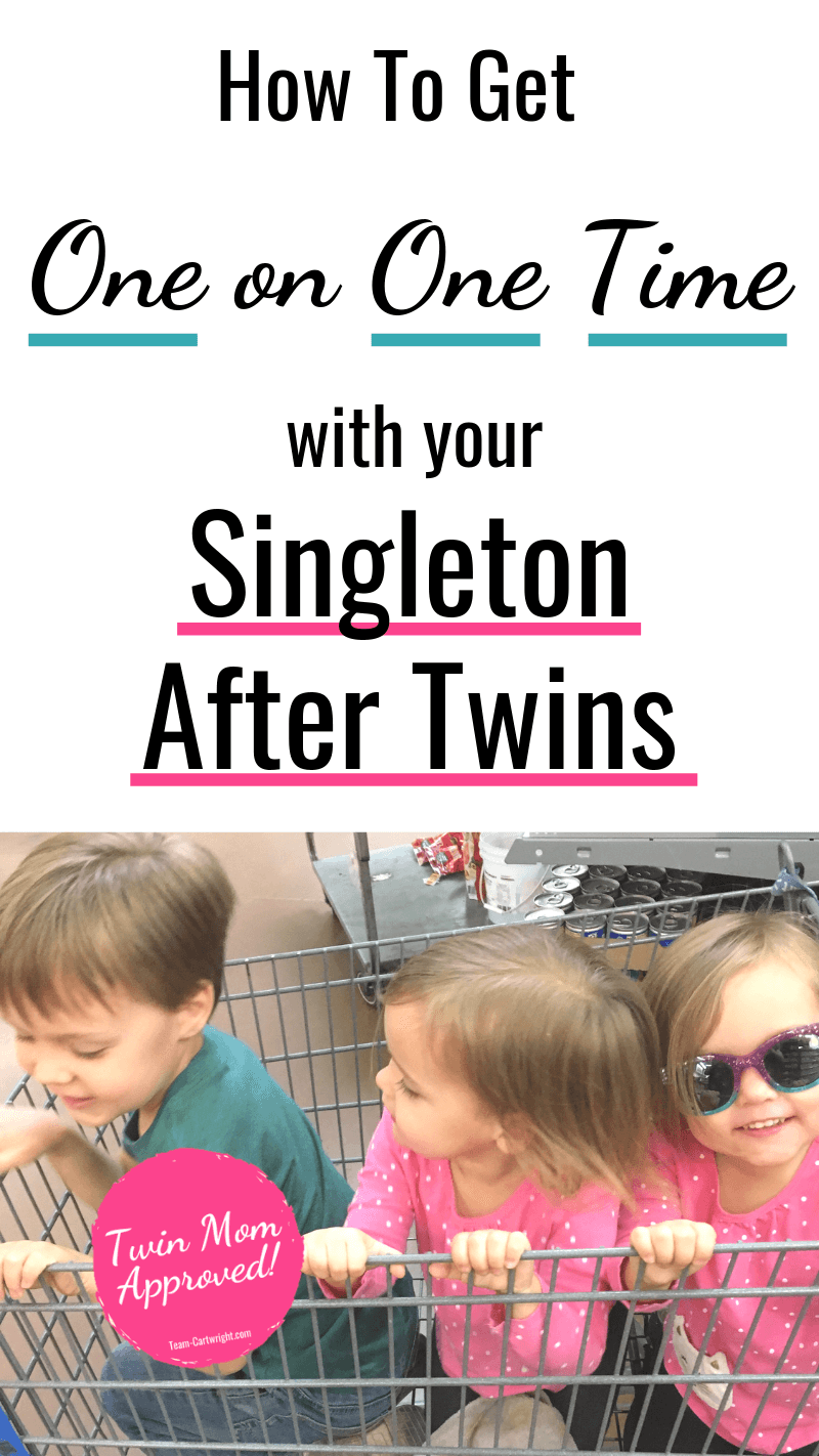 picture of an older singleton with twin little sisters and text How To Get One on One Time with your Singleton After Twins