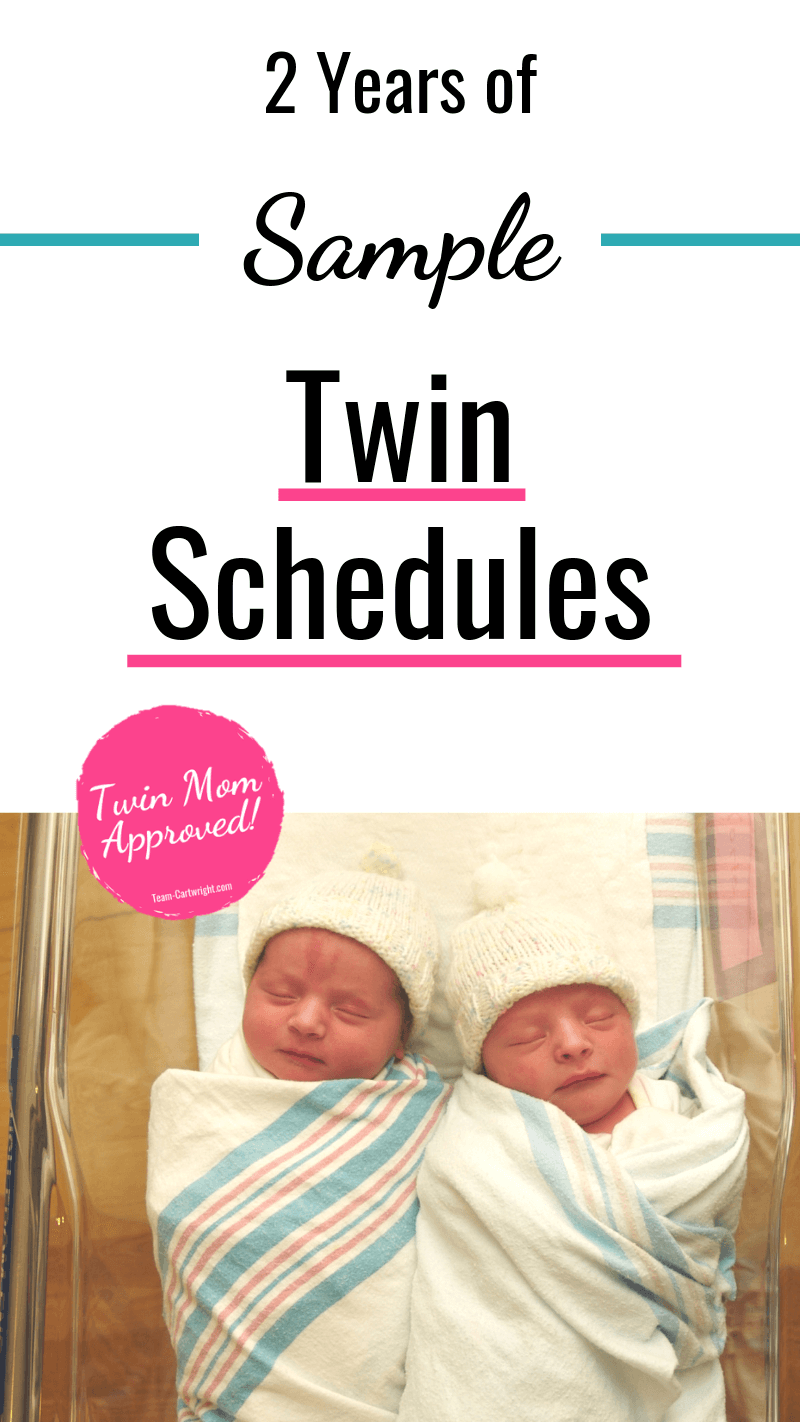 picture of newborn twins with text: 2 Years of Sample Twin Schedules