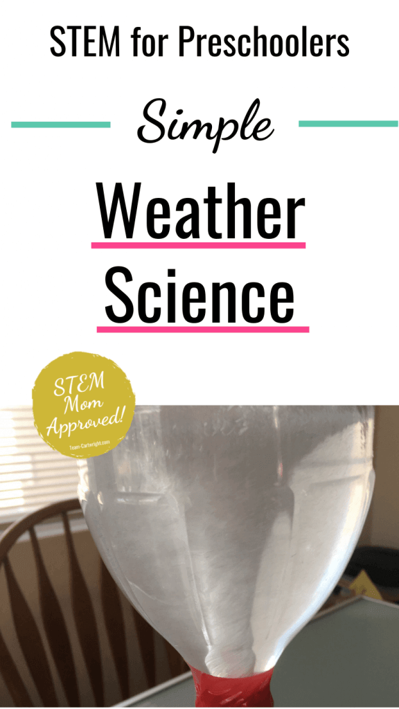 picture of a tornado in a bottle with text: STEM for Preschoolers Simple Weather Science