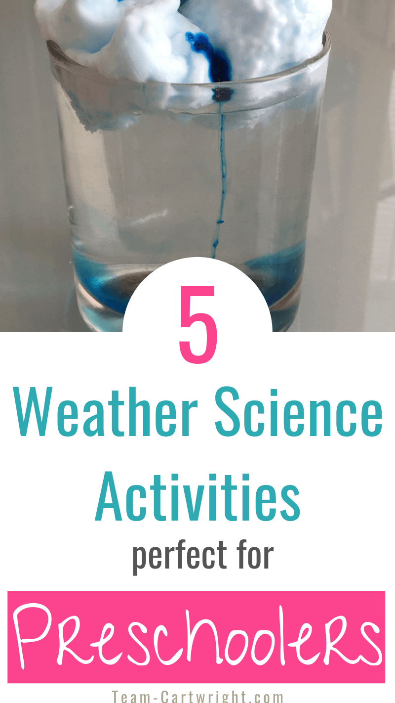 picture of shaving cream rain clouds with text 5 weather science activities perfect for preschoolers