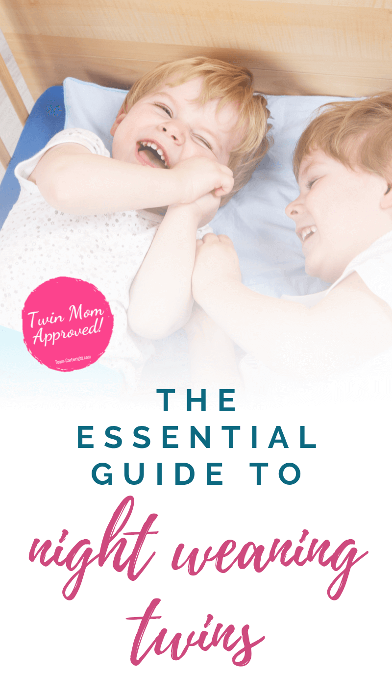 picture of twins smiling with text: The Essential Guide to Night Weaning Twins