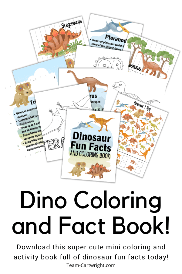 Text: Dino Coloring and Fact Book! Download this super cute mini coloring and activity book full of dinosaur fun facts today! Picture: Collection of some of the pages in the dinosaur book