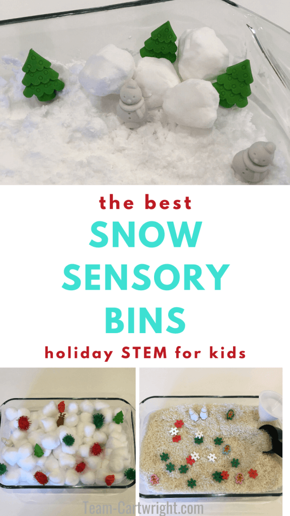 The Best Snow Sensory Bins: Holiday STEM for Kids with pictures of 3 snow sensory bins