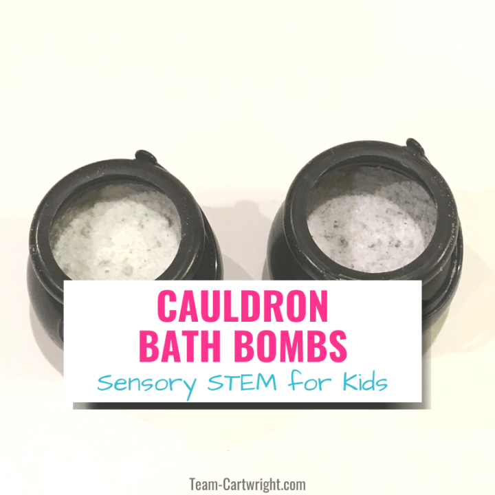 Cauldron Bath Bombs sensory STEM for kids with picture of two cauldron bath bombs
