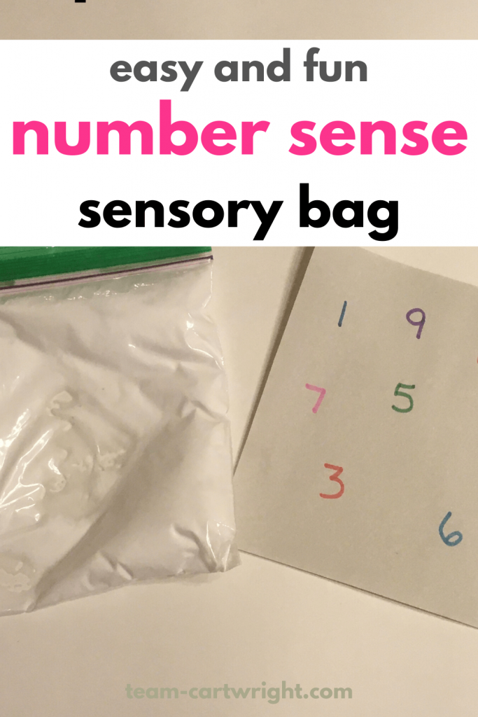 easy and fun number sense sensory bag with picture of shaving cream bag and number page