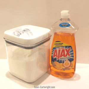 picture of canister of granulated sugar and container of dish soap, the two ingredients to make unpoppable bubbles