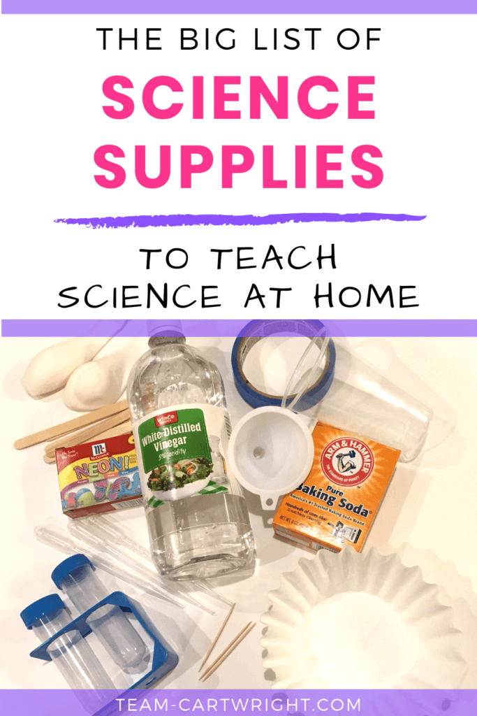 The Big List of Science Supplies to Teach Preschool Science At Home wit picture of supplies listed in post.