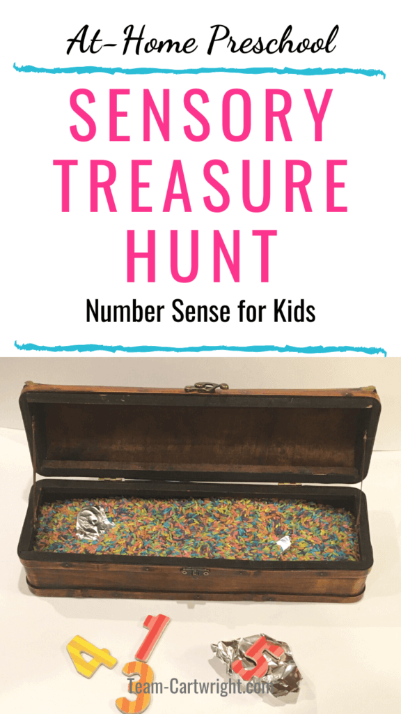 at home preschool sensory treasure hunt number sense for kids with picture of treasure chest with sensory rice and number toys