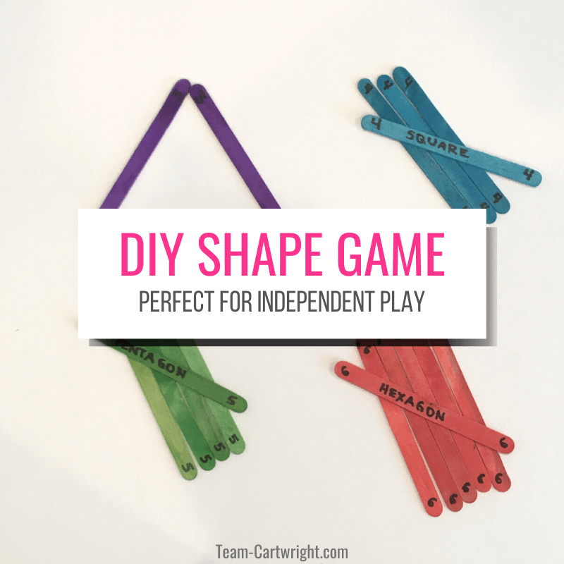 DIY Shape Game Perfect for Independent Play with picture of multicolored craft sticks labeled to make shapes.