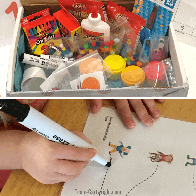 Top picture of a close up of the supplies in the preschool learning box, Bottom: Close up of a preschooler using a dry erase marker to trace a dotted line