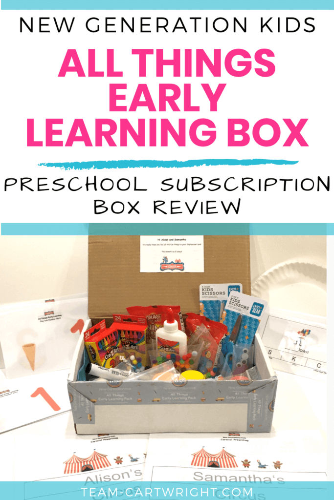 Text: New Generation Kids All Things Early Learning Box Preschool Subscription Box Review with picture of open box full of learning games for preschool 