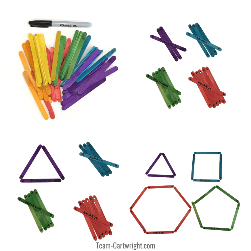 4 pictures of craft sticks. One picture of multicolored sticks, one of sticks separated into color piles, one with a triangle out of sticks, and one with shapes made out of stickss