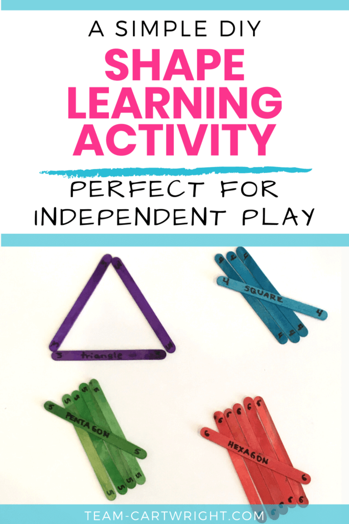 A Simple DIY Shape Learning Activity Perfect for Independent Play with picture of Craft sticks grouped by color and a purple triangle